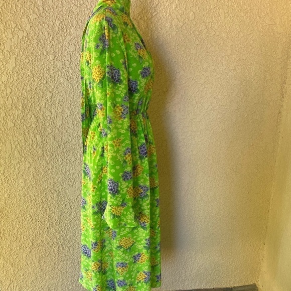 Les Reveries Silk Lime Green With Purple & Gold Floral Print Midi Dress  6 EUC‎ - Picture 9 of 12